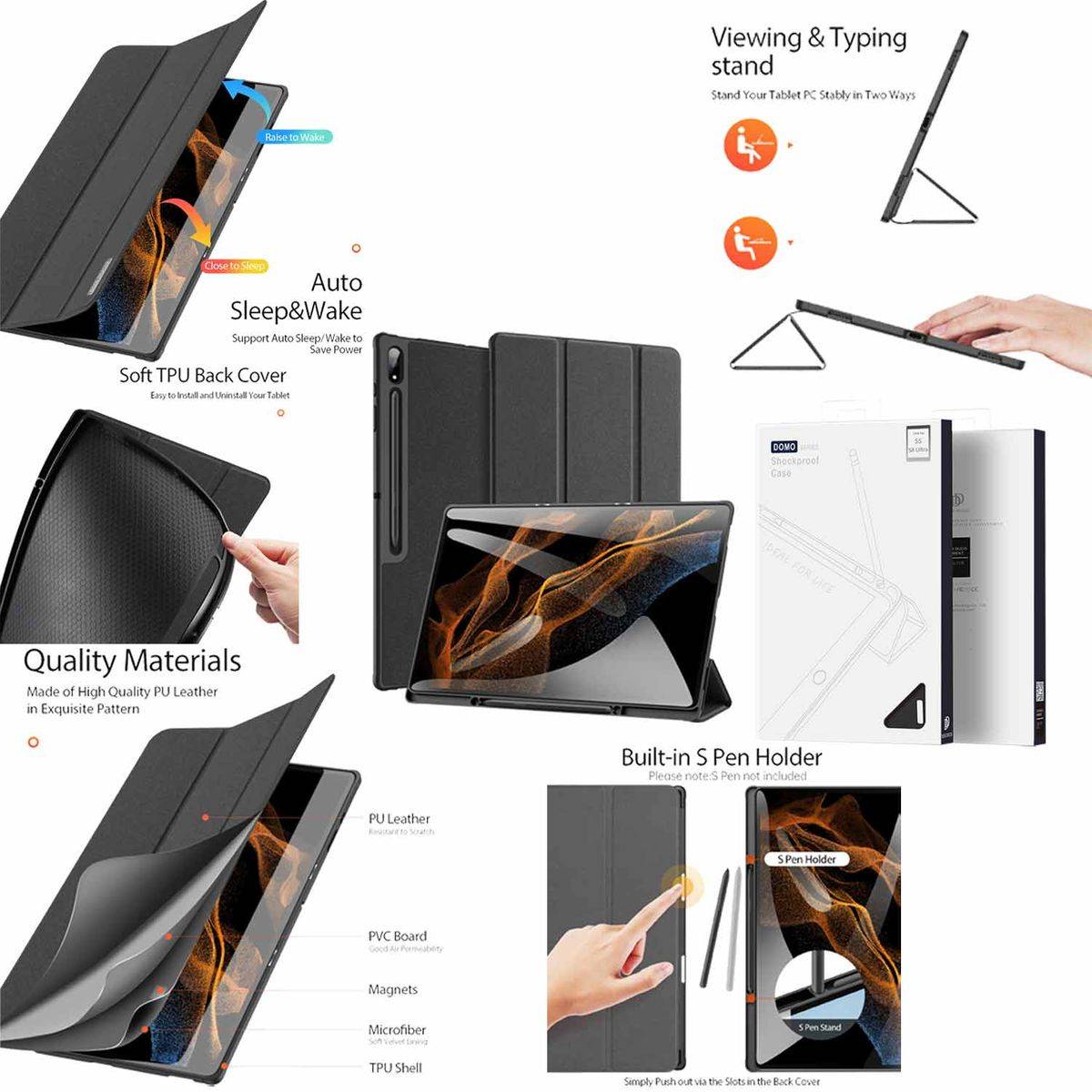 Für Samsung Galaxy Tab S8 Ultra Tasche Schwarz Hülle Etuis Design DUX DUCIS Smart Cover Case Schutz Kappe aufstellen