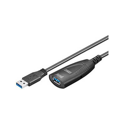 USB-Verlängerungskabel mit einem männlichen USB-A-Stecker an einem Ende und einem weiblichen USB-A-Anschluss am anderen Ende, gezeigt vor einem weißen Hintergrund.