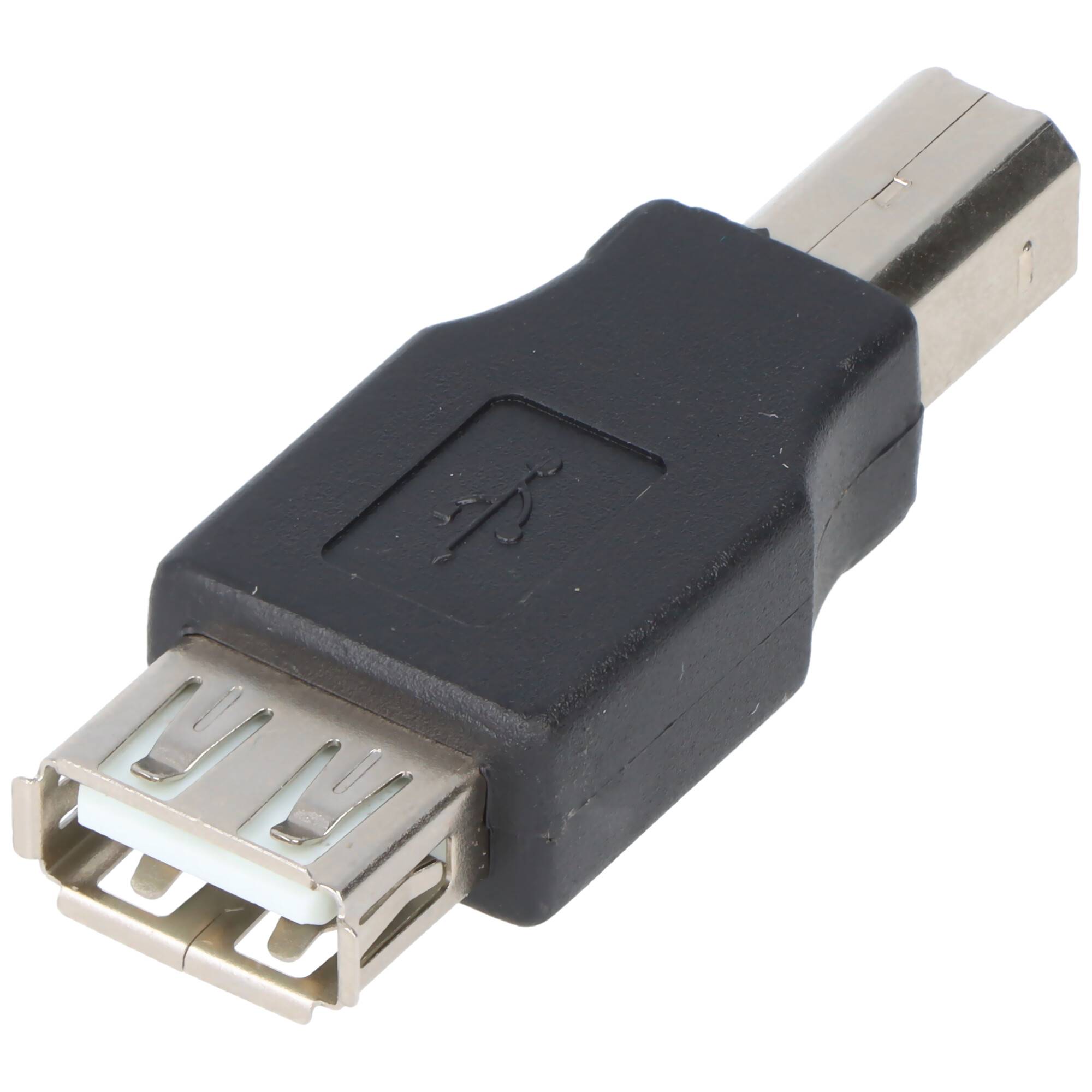 Eine Nahaufnahme eines schwarzen USB-Adapters mit einem Ende, das eine USB-A-Buchse aufweist, und dem anderen Ende einem USB-B-Stecker.