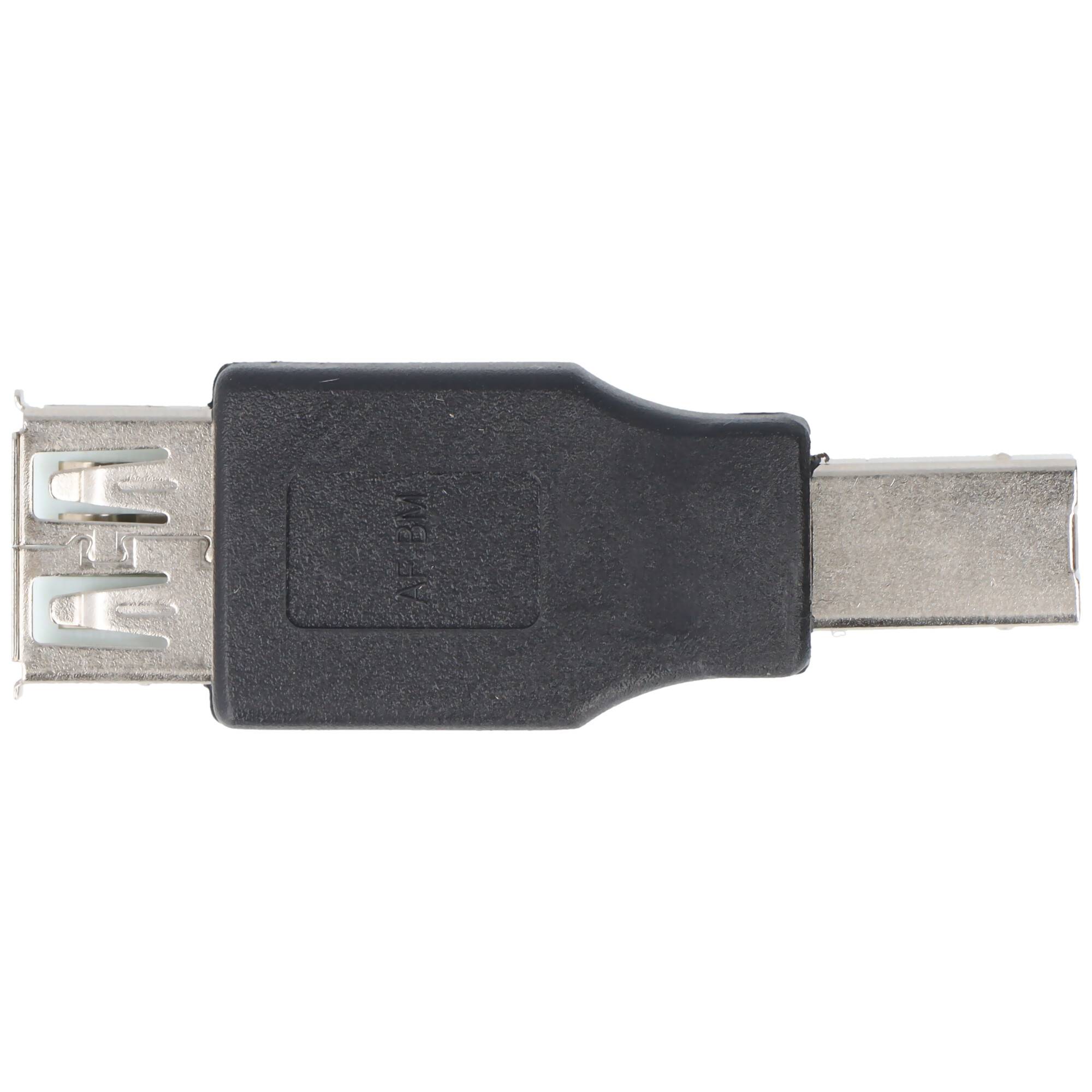 Ein USB-Adapter mit einem schwarzen Kunststoffgehäuse und metallischen Steckern an beiden Enden.