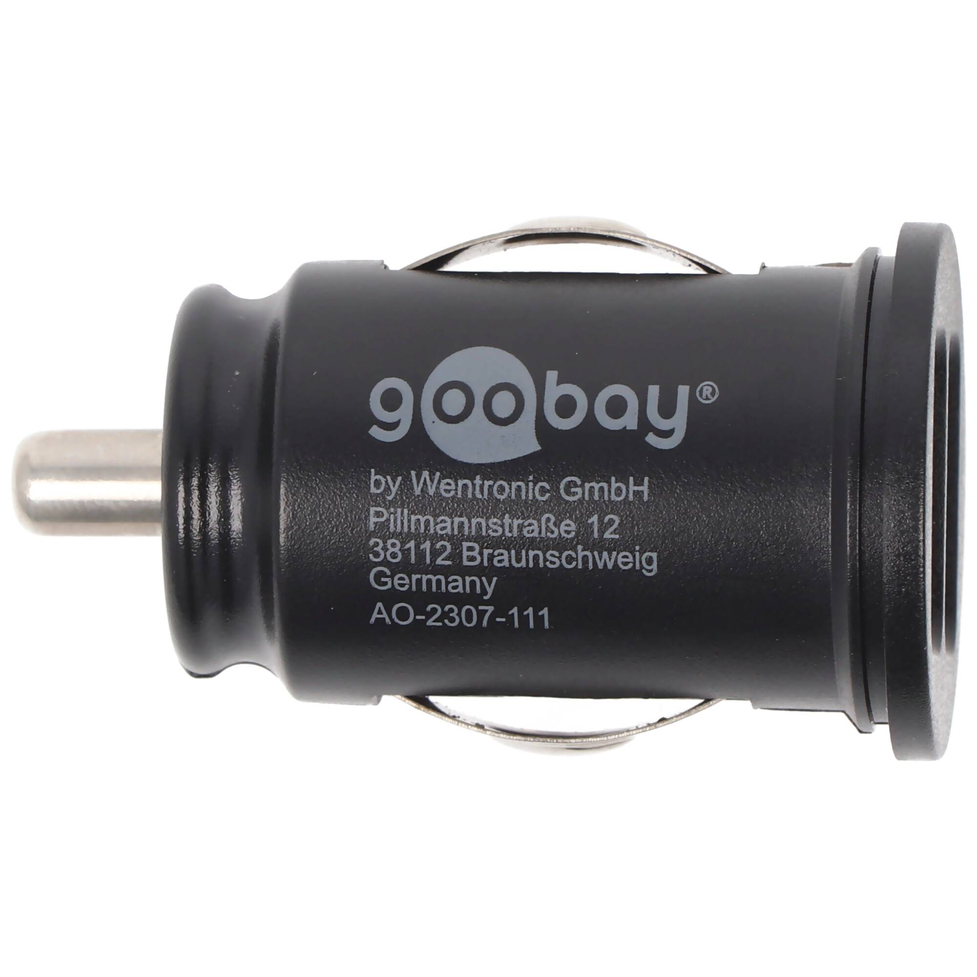 Schwarzer Goobay-Autoladeadapter mit Metallanschluss und bedruckten Markeninformationen auf der Seite, gezeigt auf weißem Hintergrund.
