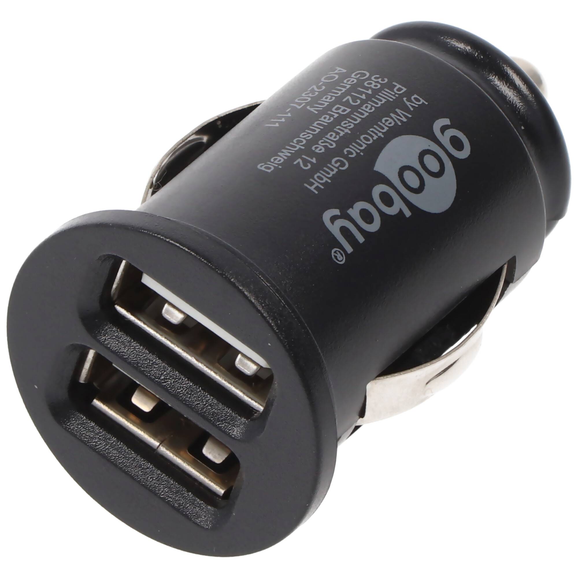 Schwarzer Dual-USB-Autoladeadapter mit zwei USB-Anschlüssen und sichtbarem weißem Markierungstext auf der Seite.