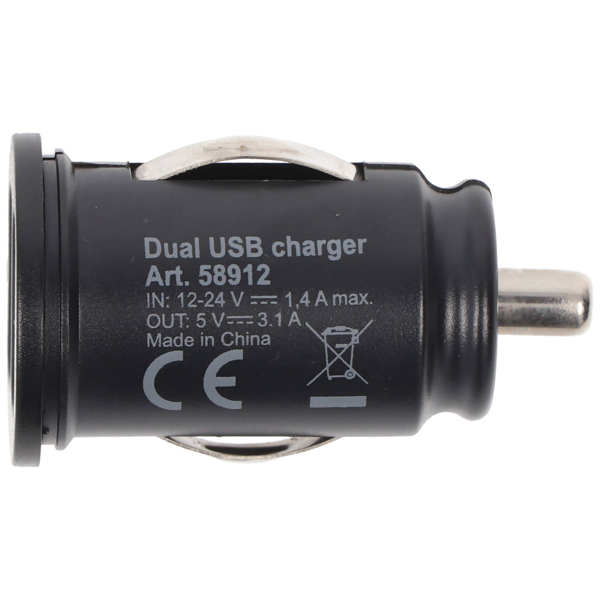 Schwarzer Dual-USB-Autoladeradapter mit der Bezeichnung „Dual-USB-Ladegerät Art. 58912