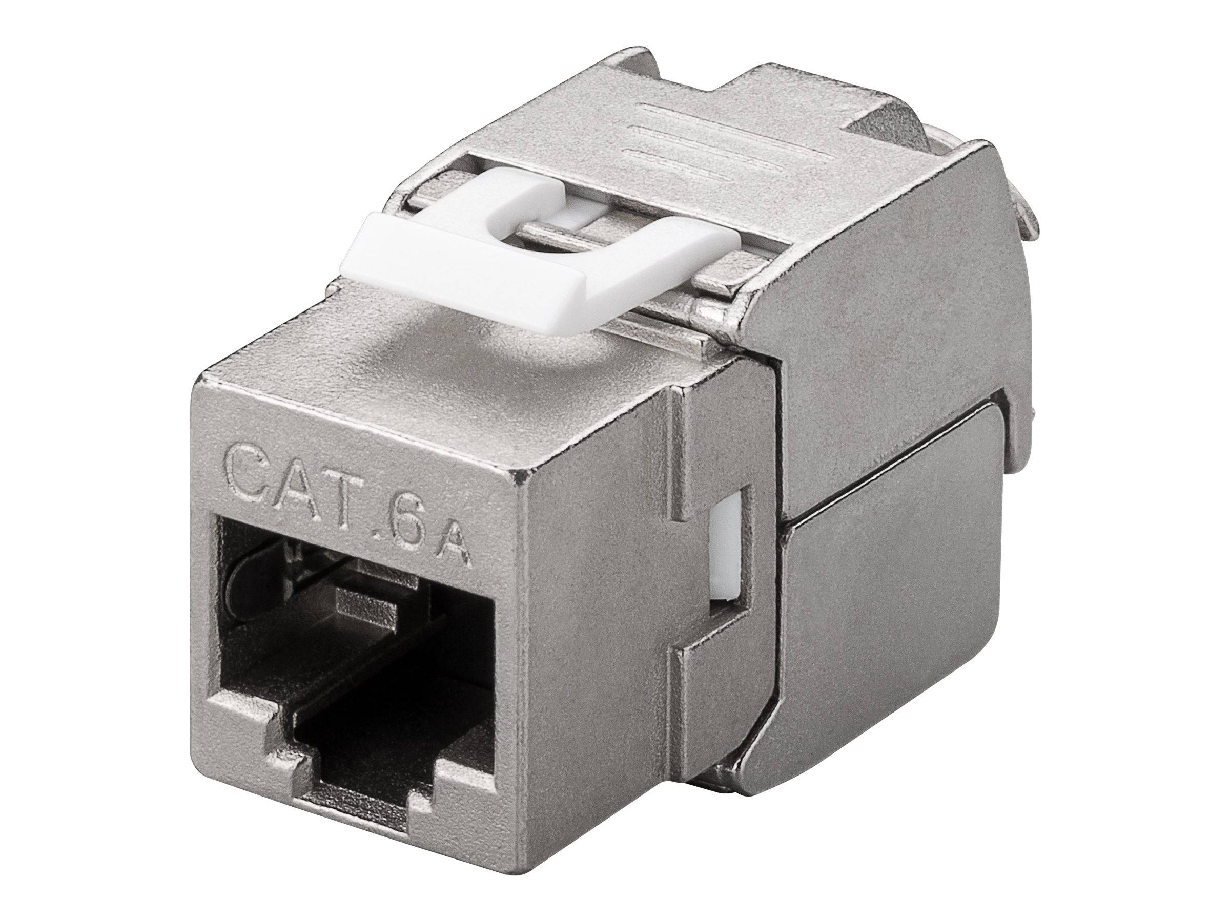 Metall CAT 6A RJ45 Keystone-Buchse mit abgeschirmtem Ethernet-Anschluss und weißer Verriegelungslasche, dargestellt auf weißem Hintergrund.