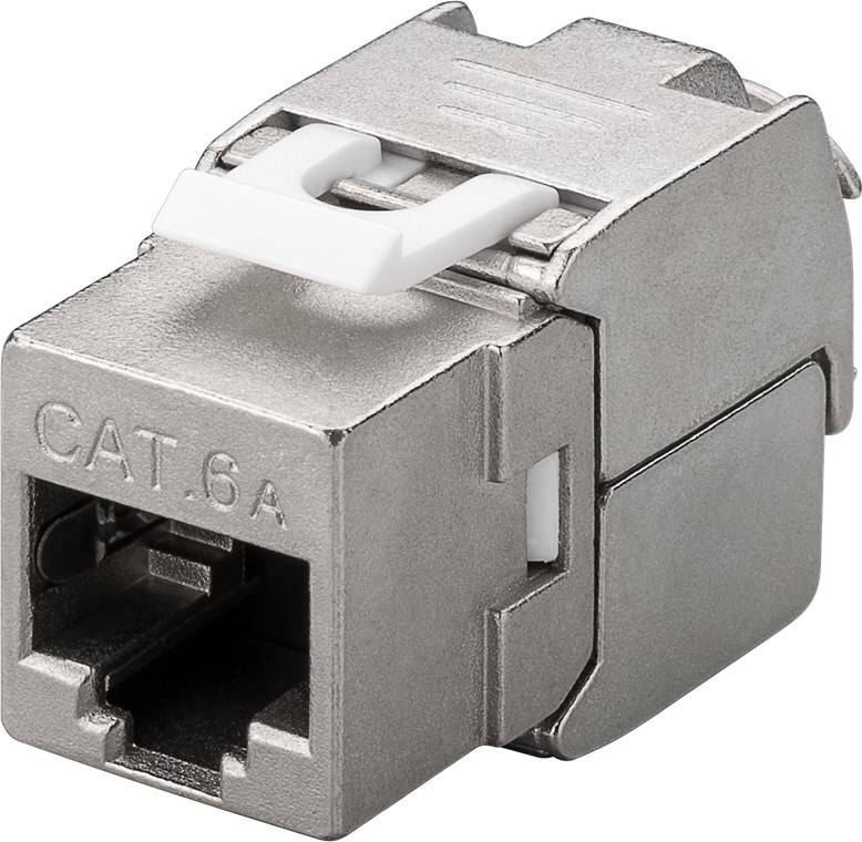 Cat.6A Ethernet-Keystone-Anschluss mit Metallgehäuse und weißer Verriegelungsklemme, isoliert auf weißem Hintergrund dargestellt.