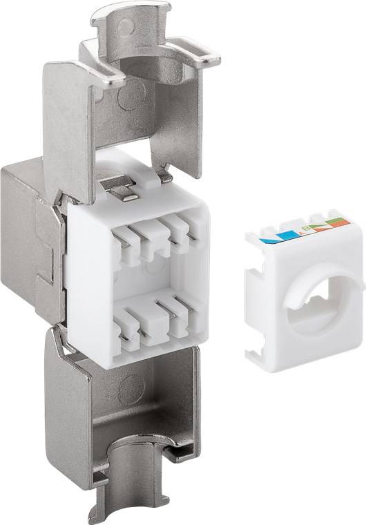 Ethernet-Wanddoseneinsatz mit Metallmontageklammer und separater Schnappabdeckung, gezeigt auf weißem Hintergrund.