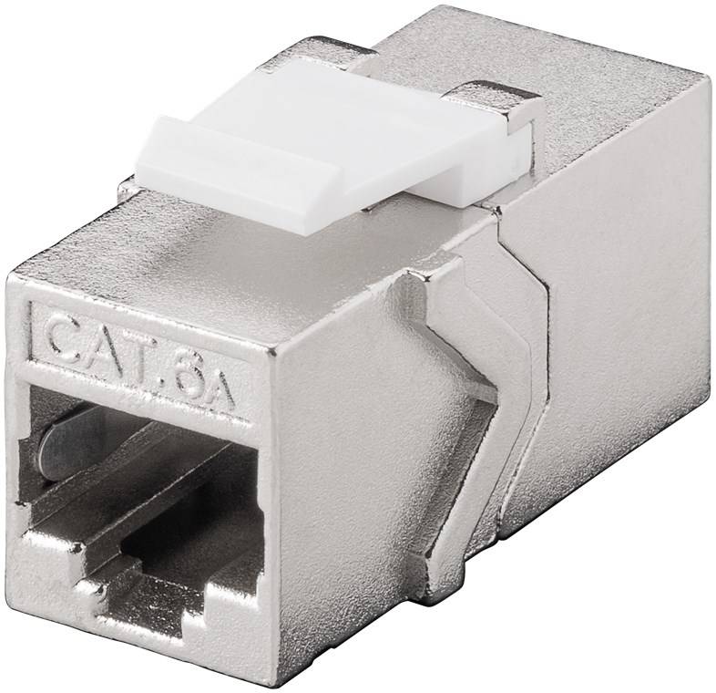 Ein metallischer Cat 6A Ethernet-Keystone-Anschluss mit weißer Klammer, verwendet für Netzwerkkabelverbindungen in strukturierten Verkabelungssystemen.
