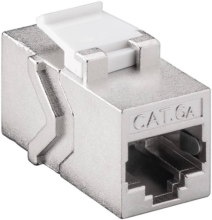 Ein metallischer RJ45-Keystone-Buchse mit Verriegelungslaschen, verwendet für Netzwerkkabel, zeigt die Steckverbinder und das Strukturdesign.