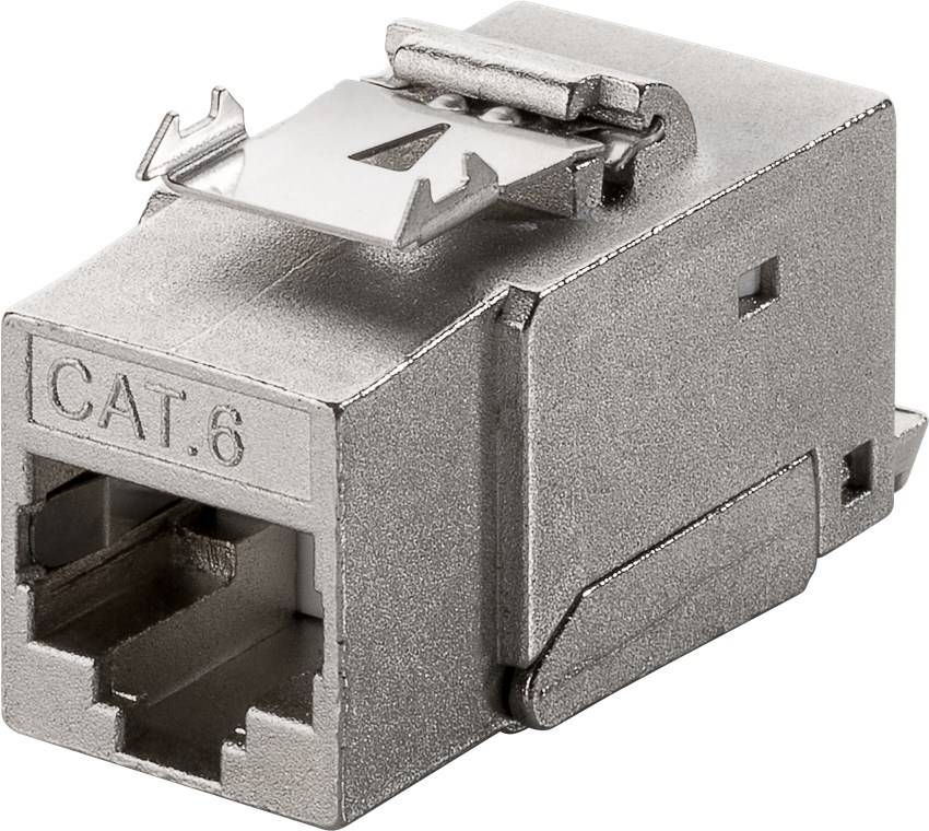 Ein Metall-CAT-6-Ethernetkabelstecker mit Verriegelungsmechanismus, entwickelt für hochgeschwindigkeitsfähige Netzwerkverbindungen, dargestellt in einer Nahaufnahme.