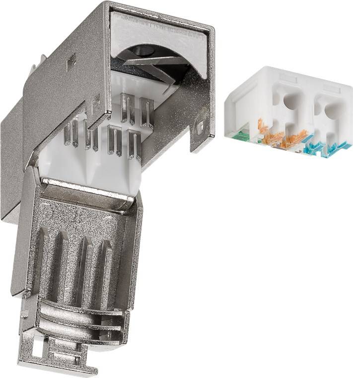 Ein abgewinkelter metallischer Stecker und ein weißes Kunststoffmodul mit Verdrahtungsausrichtungshilfen, das in strukturierten Verkabelungssystemen verwendet wird.