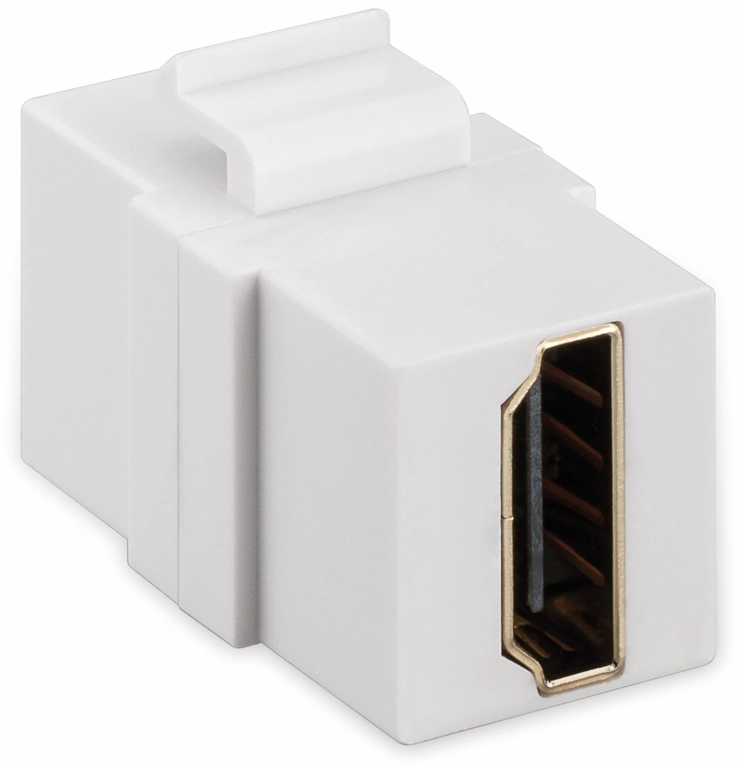 Ein weißer HDMI Buchse-zu-Buchse Koppler Adapter mit vergoldeten Steckern, verwendet zum Verbinden von zwei HDMI-Kabeln für eine erweiterte Länge.