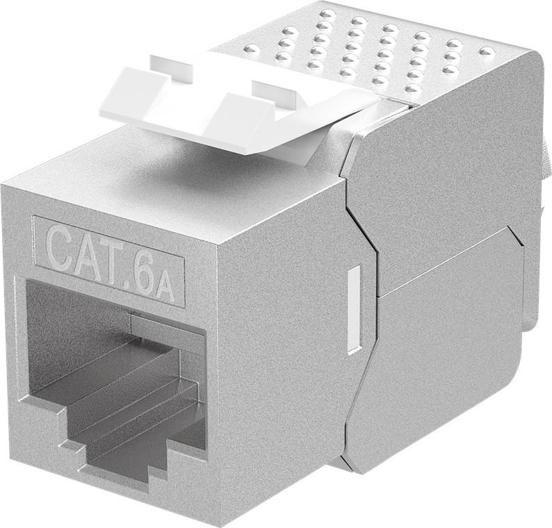 Cat.6a Ethernet Keystone Jack mit abgeschirmtem Metallgehäuse und RJ45-Anschluss, dargestellt in Silber auf weißem Hintergrund.