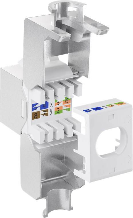 Schnittdarstellung einer Wandanschluss-Ethernet-Keystone-Buchse mit Auflegeschlitzen für Drahtverdrahtung, farbcodierter Verdrahtungszuordnung und abnehmbarer Blende.