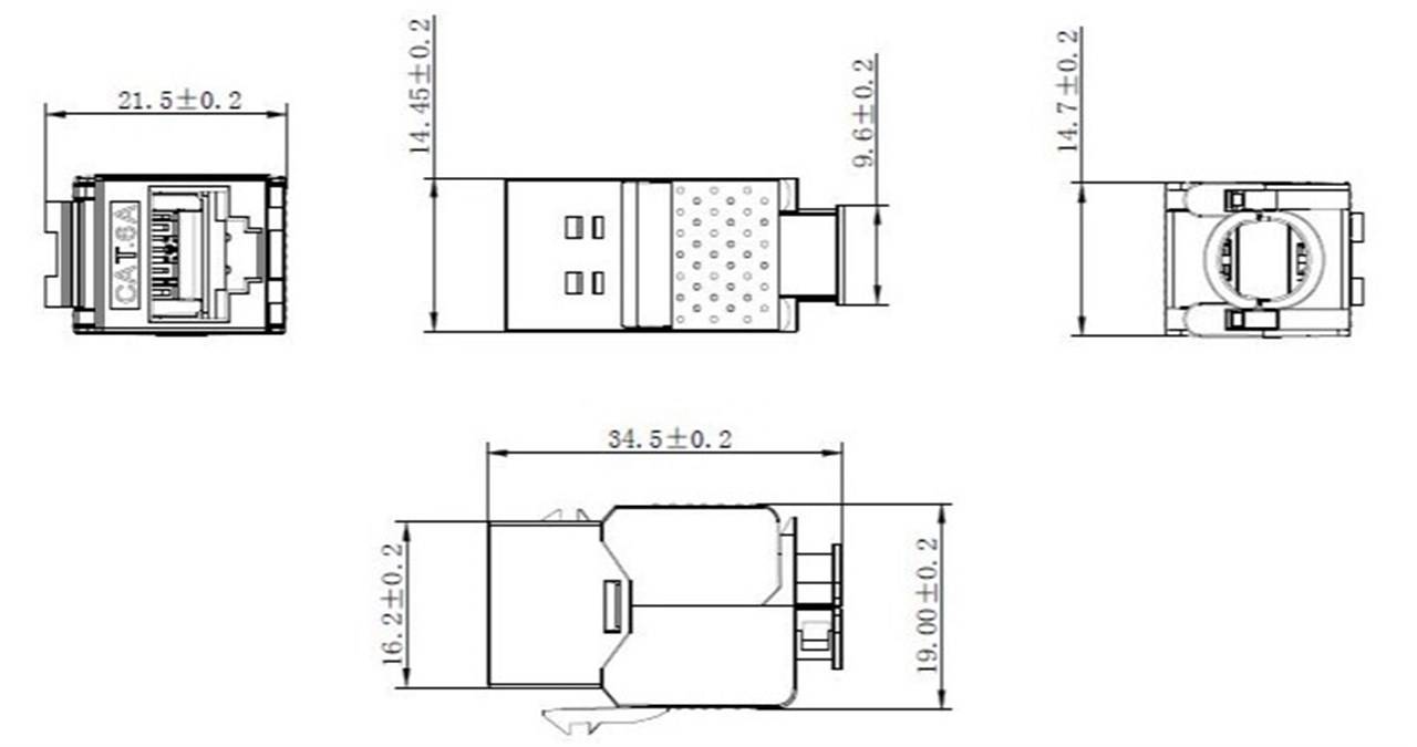 Technische Zeichnung eines USB-Steckers mit Abmessungen: Länge 34,5±0,2mm, Breite 14,5±0,5mm, Höhe 9,6±0,2mm. Details umfassen das Pinout-Layout.