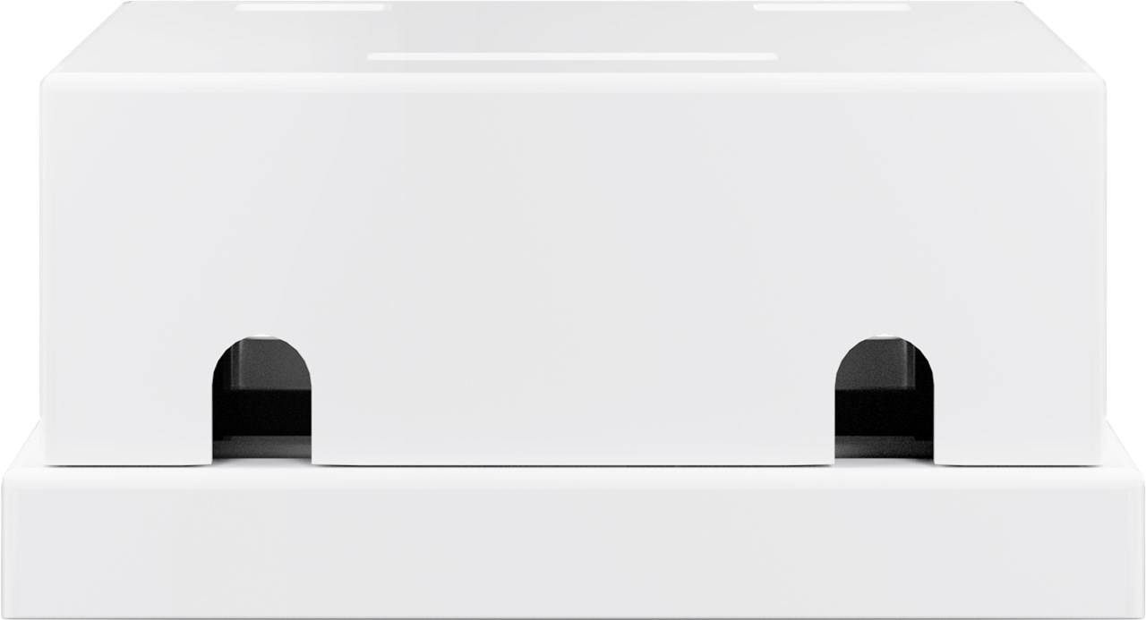 Weiße rechteckige Kartonbox mit zwei vorderen Ausschnitten auf einfachem Hintergrund.