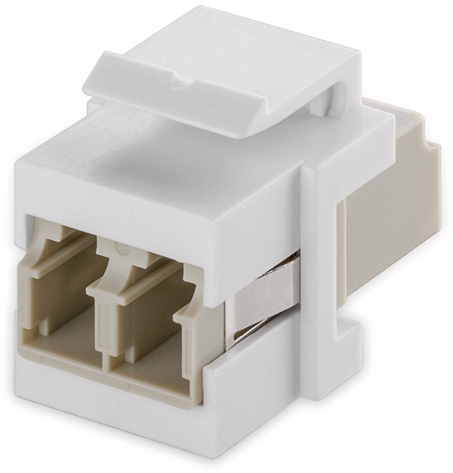 Ein weißer Kunststoff-Keystone-Jack, häufig verwendet für Netzwerkkabelung und Wandplattenmontage, gezeigt mit sichtbaren Anschlüssen.