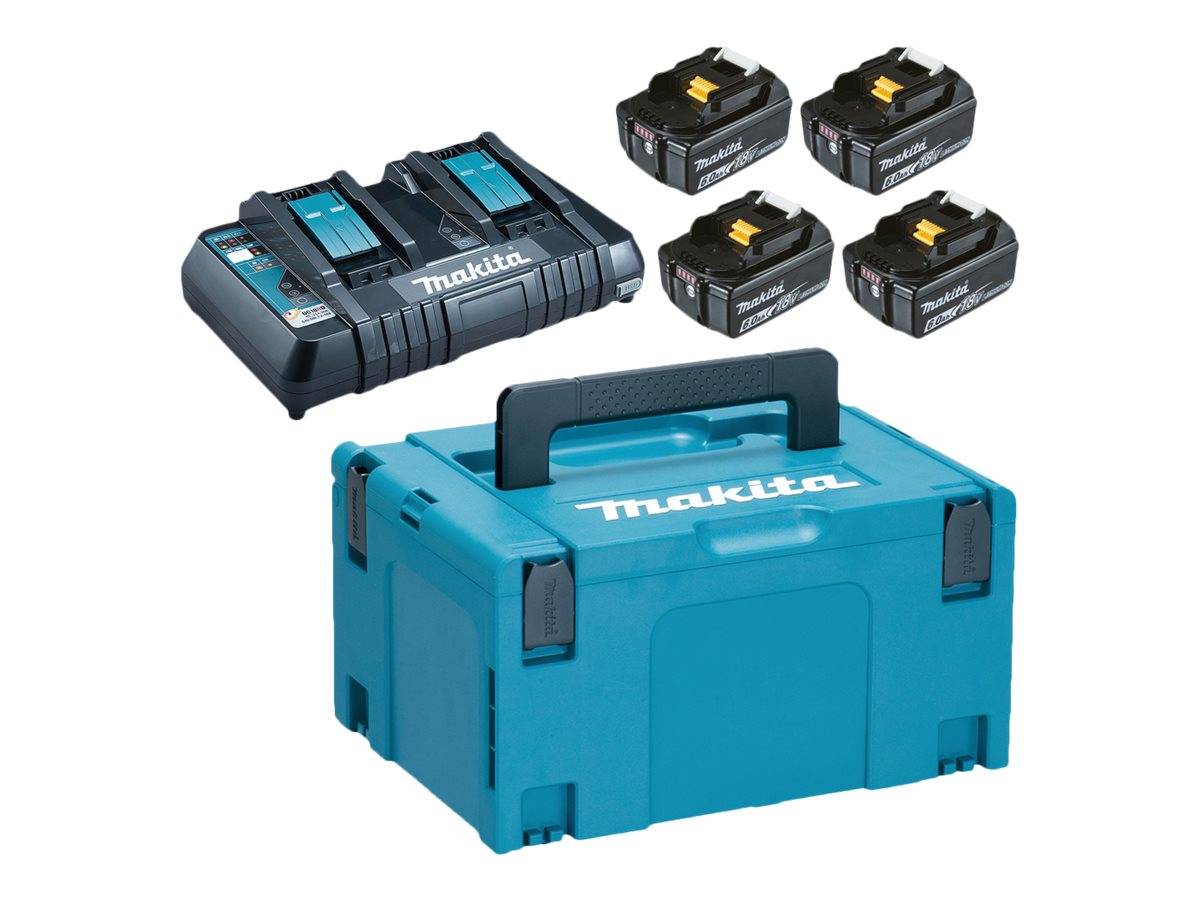 Makita-Batterieladegerät, vier wiederaufladbare Batterien und ein blauer Transportkoffer auf weißem Hintergrund.