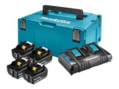 Makita-Werkzeugkoffer mit vier wiederaufladbaren Batterien und einem Dualladegerät auf weißem Hintergrund.