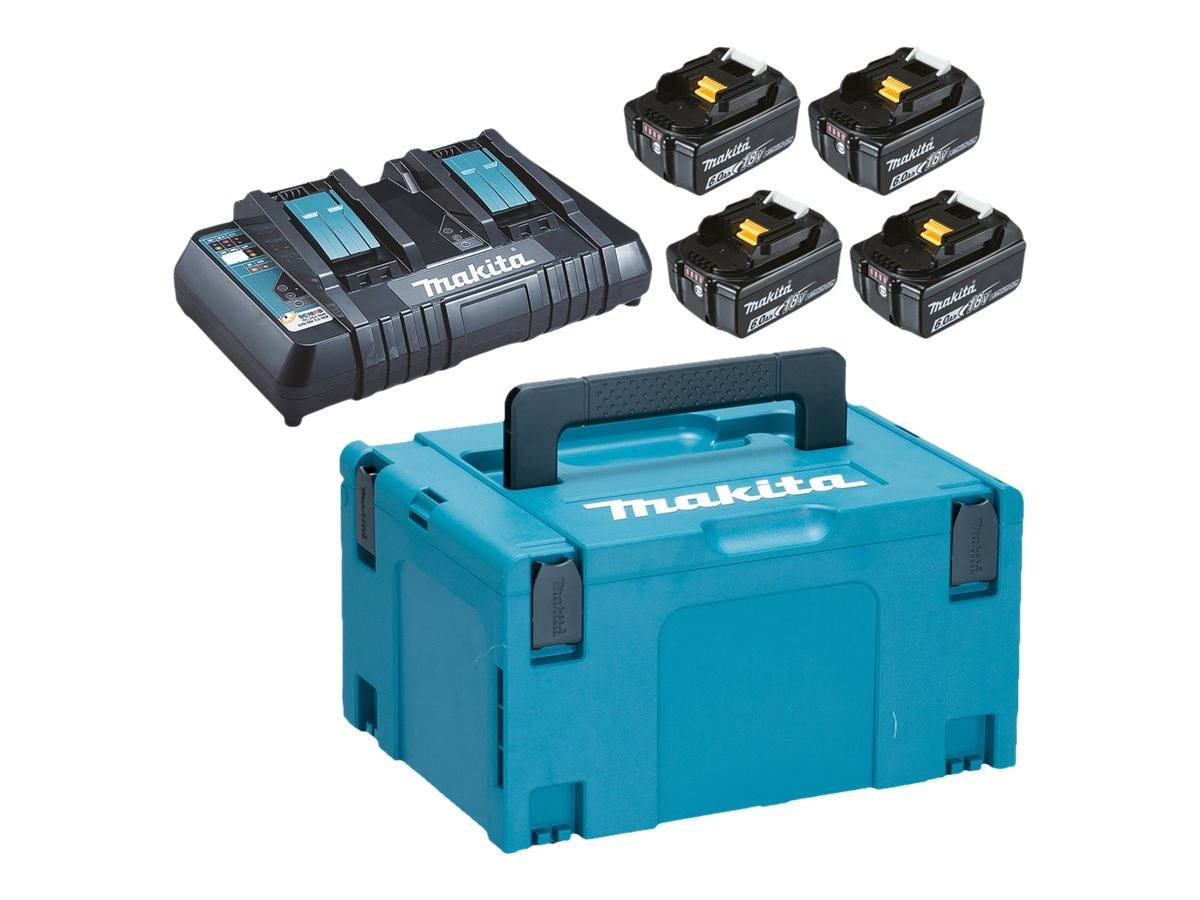 Makita-Werkzeugkoffer mit einem Ladegerät und vier wiederaufladbaren Batterien, die darüber auf weißem Hintergrund angezeigt werden.