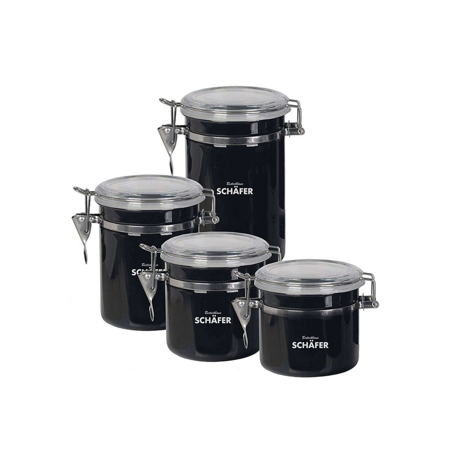 4-Teilig Vorratsdose Edelstahl Metallic Deckel mit Sichtfenster Behälter Glas Dose für Tee, Kaffee, Gewürz Schwarz