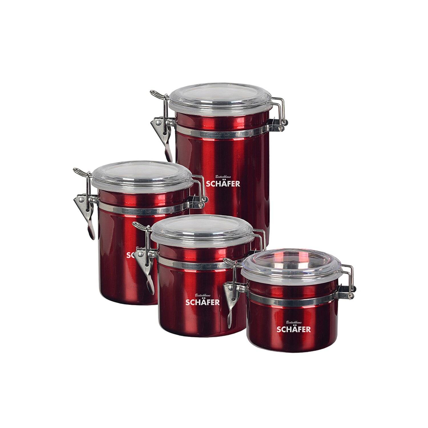 4-Teilig Vorratsdose Edelstahl Metallic Deckel mit Sichtfenster Behälter Glas Dose für Tee, Kaffee, Gewürz Rot