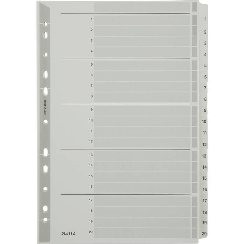 LEITZ Mylarkarton-Register, Zahlen, A4, 1-20, 20-teilig,grau