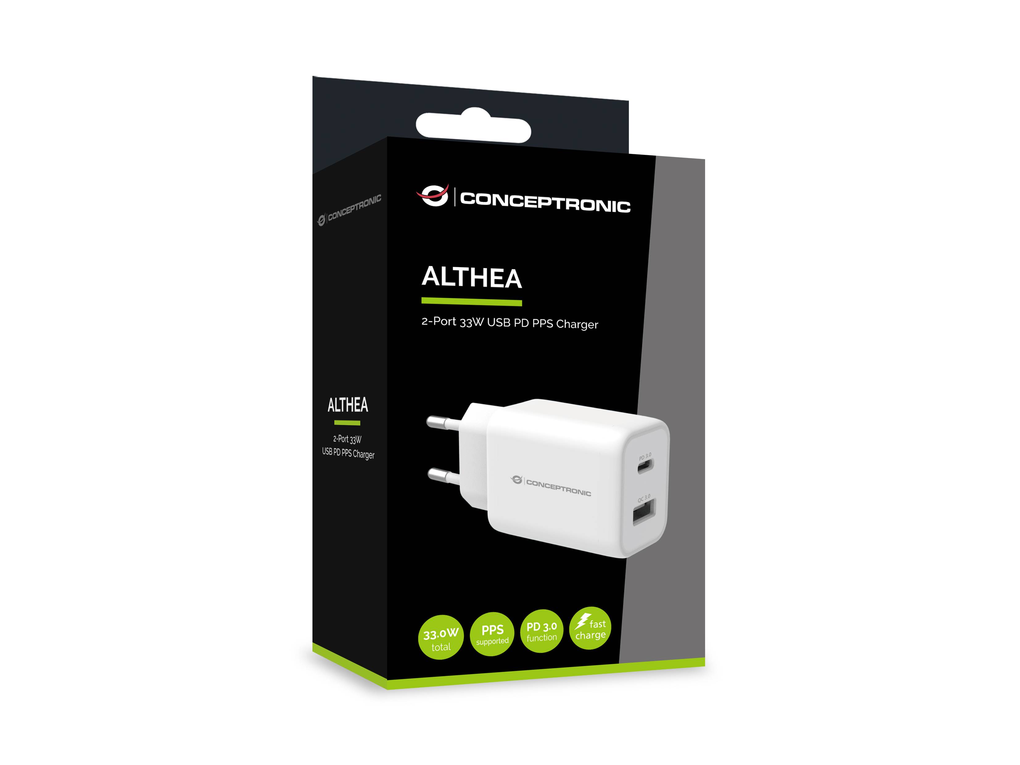 Conceptronic ALTHEA 2-Port 33W USB PD-PPS-Ladegerät - QC 3.0 - Drinnen - AC - 3,3 V - Weiß