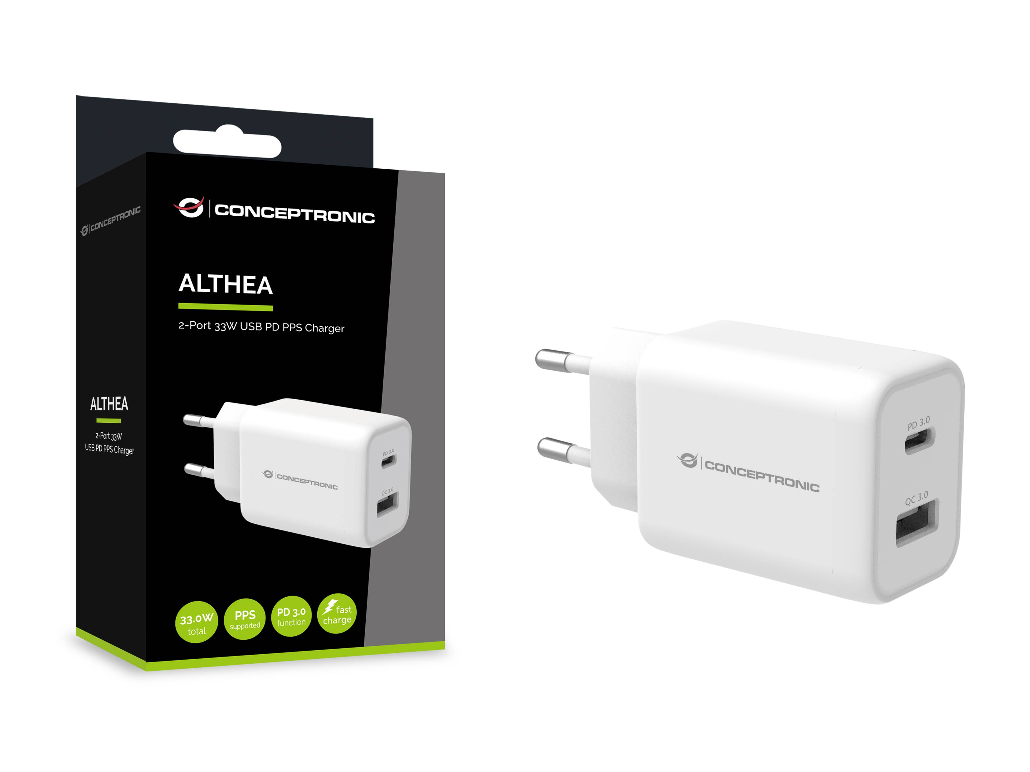 Conceptronic ALTHEA 2-Port 33W USB PD-PPS-Ladegerät - QC 3.0 - Drinnen - AC - 3,3 V - Weiß