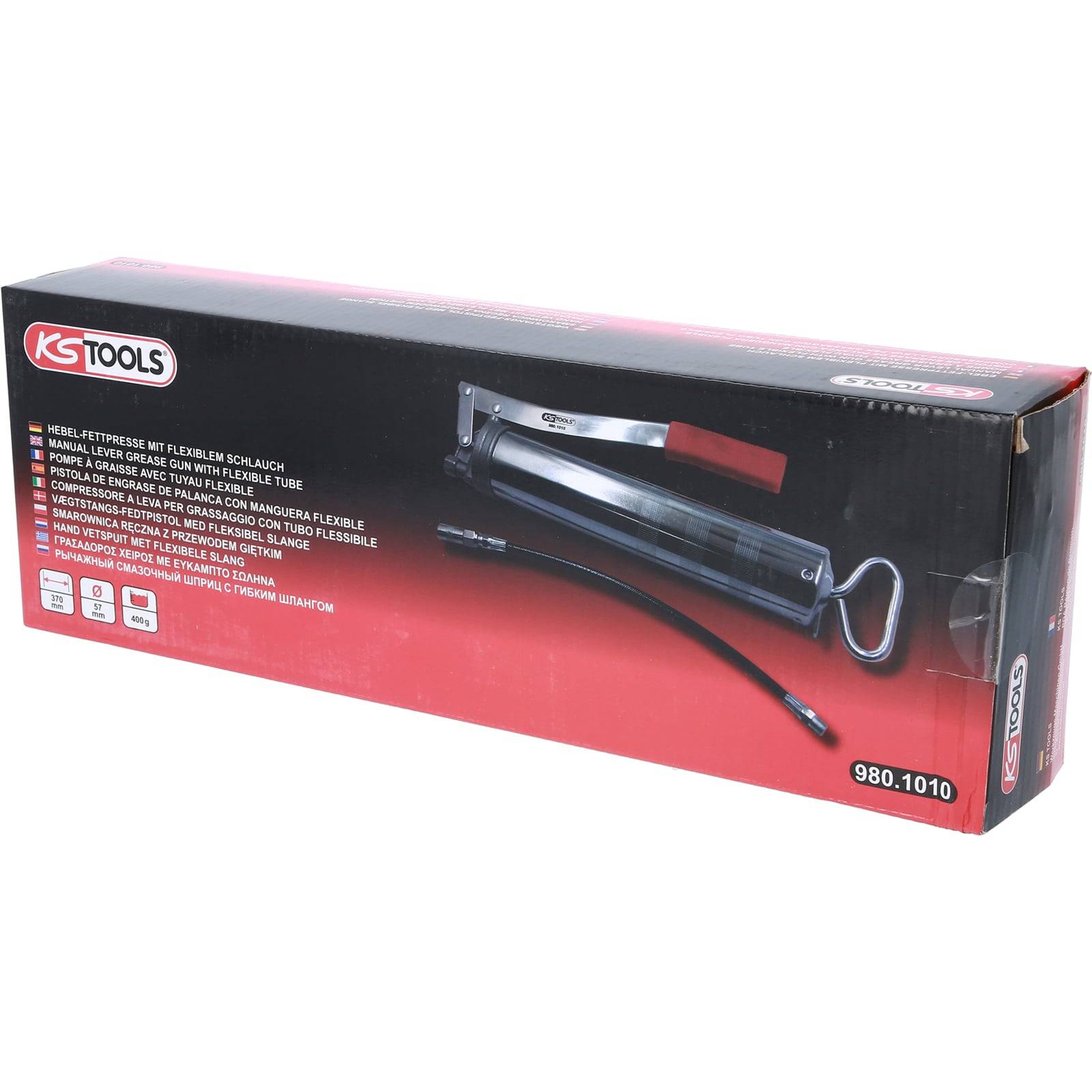 KS Tools Metallfettpresse mit flexiblem Schlauch in Originalverpackung. Enthält rotes und schwarzes Design mit Produktdetails auf der Verpackung.