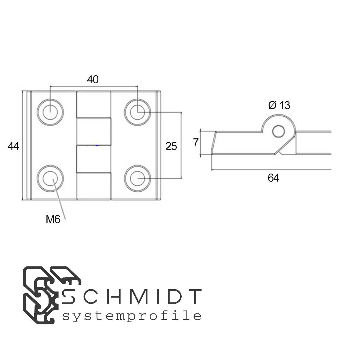 SCHMIDT systemprofile Scharnier 64x44mm Aluminium M6 40 Nut 8 Klappscharnier Drehband Aluprofil-Zubehör