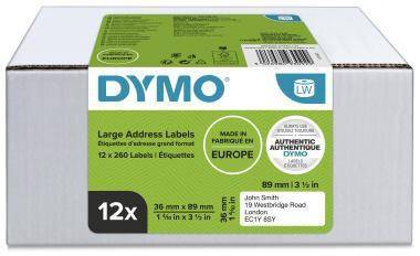 Karton mit großen DYMO-Adressetiketten, 12 Rollen, mit der Aufschrift „Made in Europe