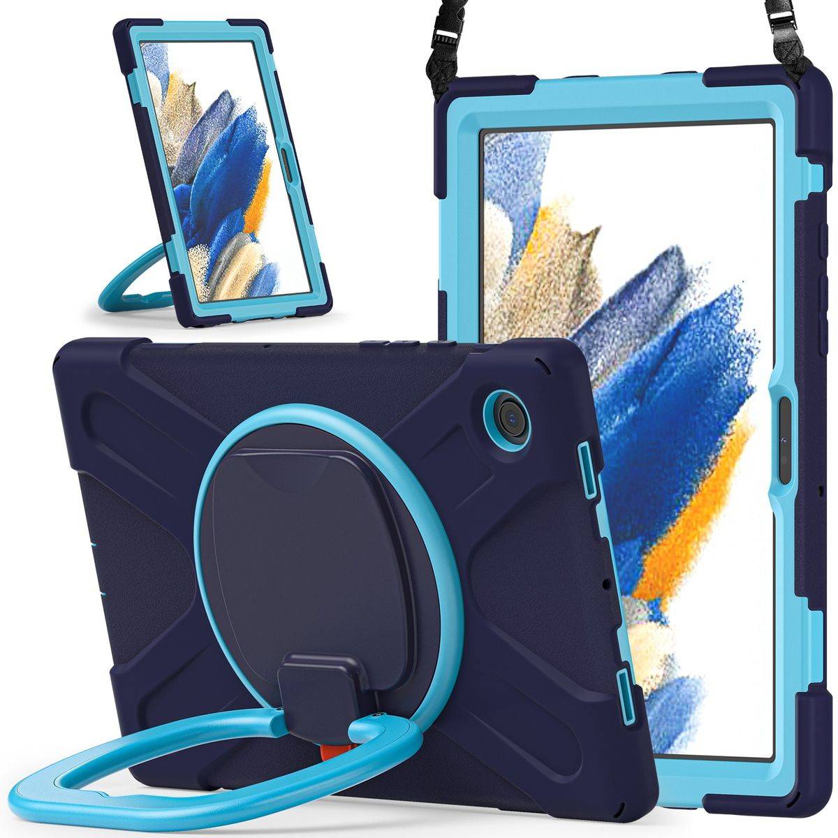 Für Samsung Galaxy Tab A8 2021 X205 X200 aufstellbare Outdoor Hybrid Dunkelblau 360 Grad mit Trage Gurt Tablet Tasche Etuis Cover Case Schutz Robust