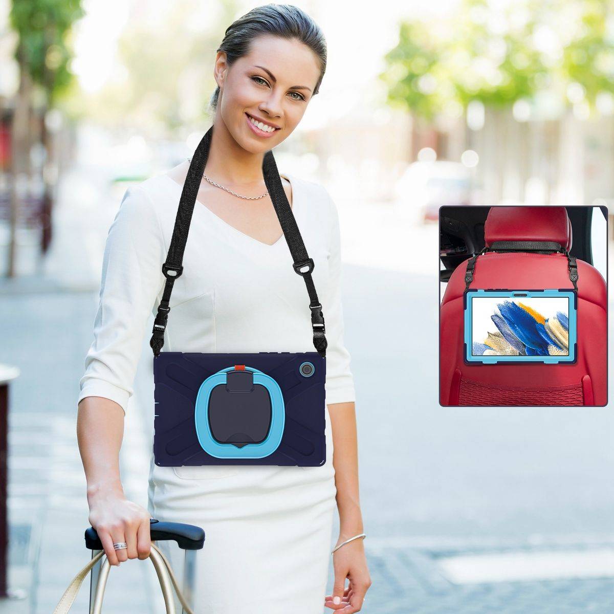 Für Samsung Galaxy Tab A8 2021 X205 X200 aufstellbare Outdoor Hybrid Dunkelblau 360 Grad mit Trage Gurt Tablet Tasche Etuis Cover Case Schutz Robust