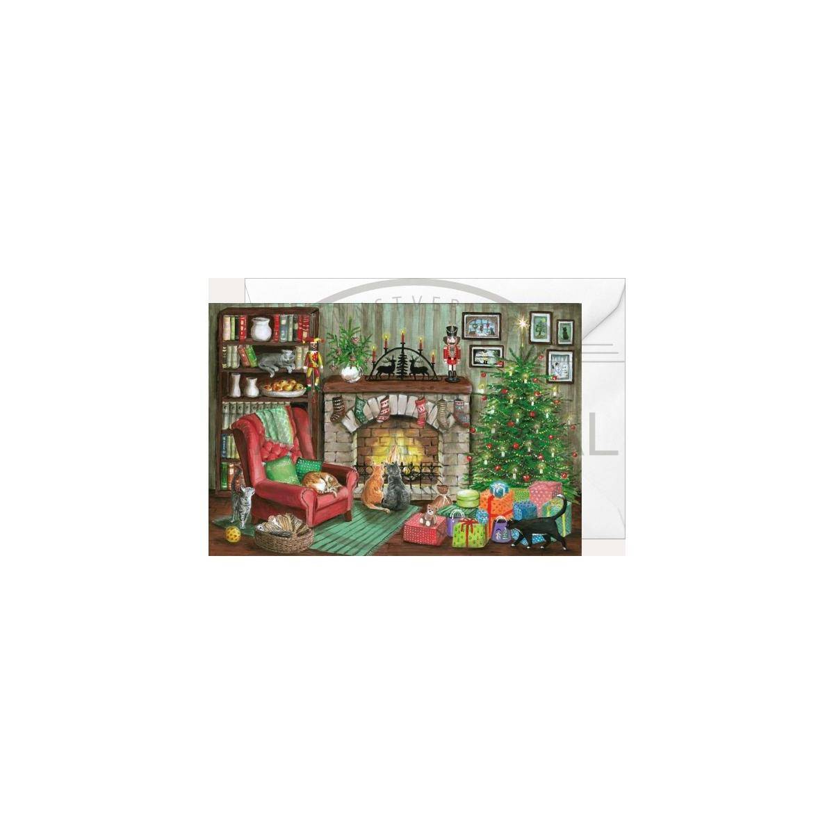 2944 - Weihnachtsklappkarte - Katzen am Kamin