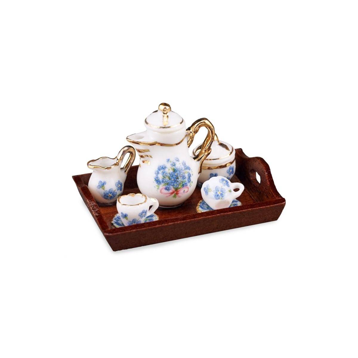 001.441/5 - Kaffeeset Holztablett "Vergissmeinnicht", Miniatur
