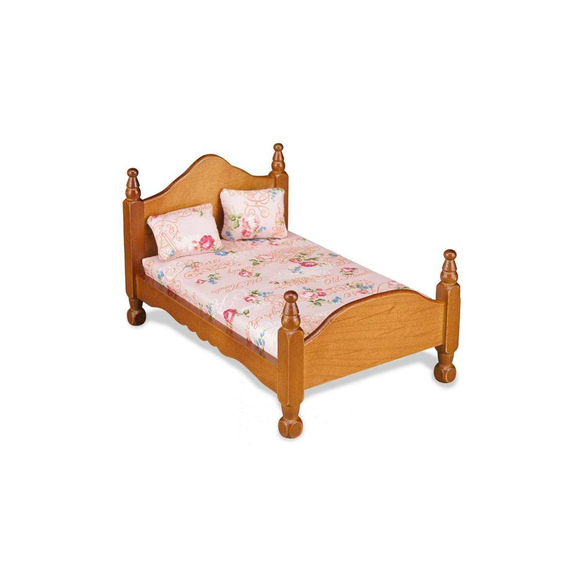 001.829/0 - M.W. Reutter - Holzbett mit Matratze und zwei Kissen, Miniatur
