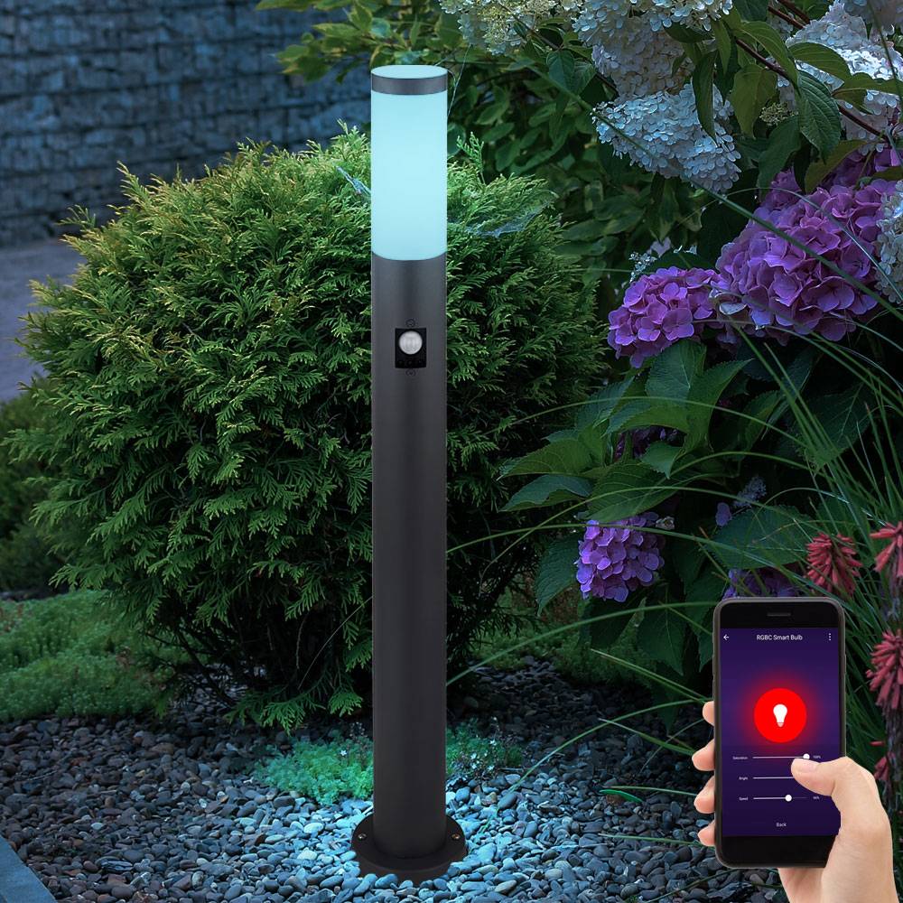 Gartenlampe mit Bewegungsmelder anthrazit Gartenstehlampe Edelstahl Wegeleuchte Garten, 3 Sensoreinstellungen App dimmbar, 1x Smart RGB LED 10W,
