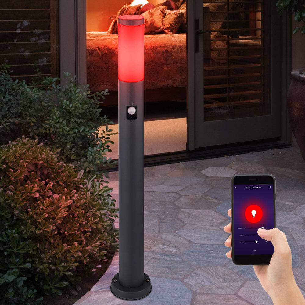 Gartenlampe mit Bewegungsmelder anthrazit Gartenstehlampe Edelstahl Wegeleuchte Garten, 3 Sensoreinstellungen App dimmbar, 1x Smart RGB LED 10W,