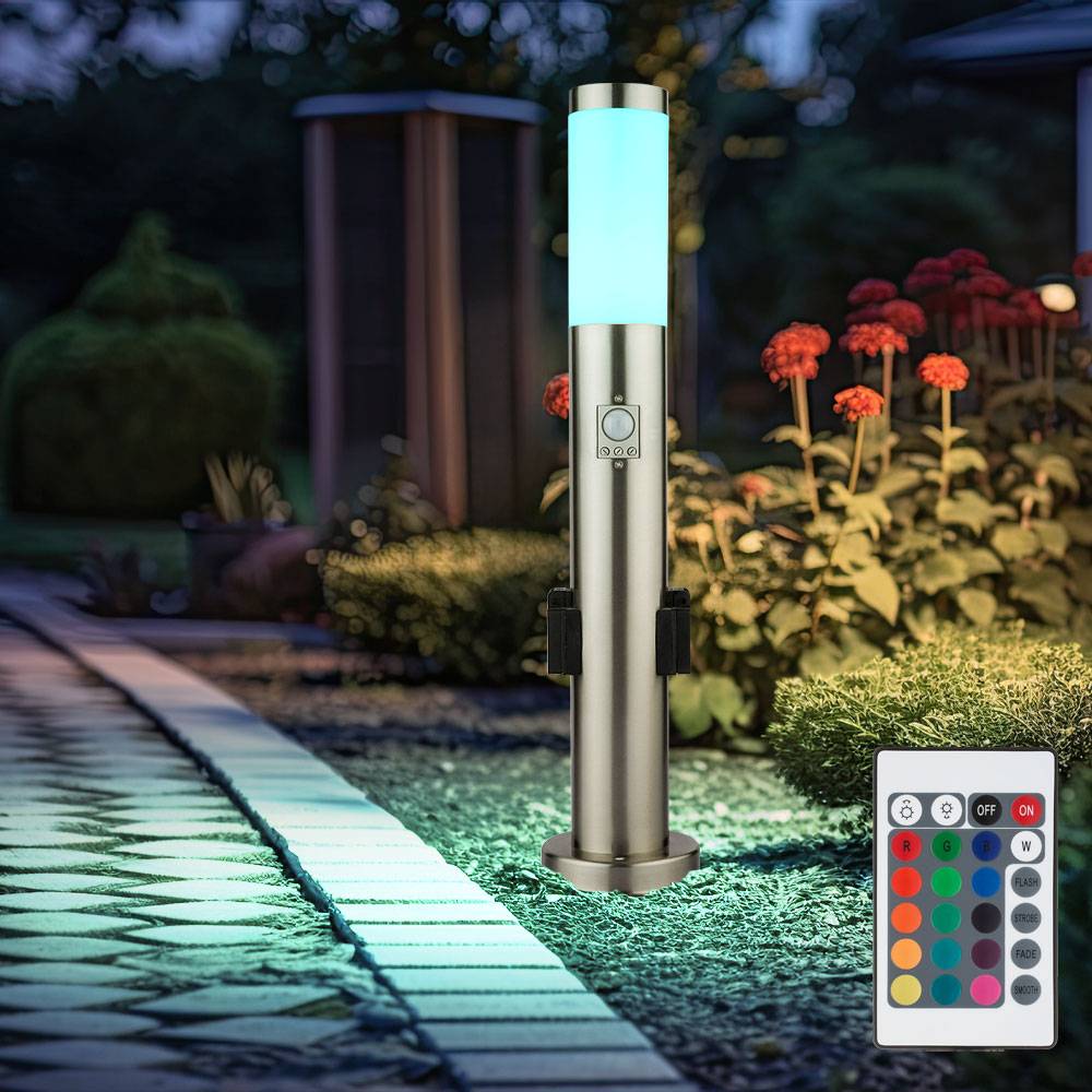 LED Sockelleuchte mit Steckdose Wegeleuchte Außen mit Bewegungsmelder Gartenstehlampe LED Pollerleuchte Edelstahl, 1x9W LED 1x 9W RGB, DxH 7,6x 60