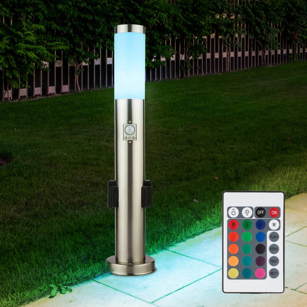 LED Sockelleuchte mit Steckdose Wegeleuchte Außen mit Bewegungsmelder Gartenstehlampe LED Pollerleuchte Edelstahl, 1x9W LED 1x 9W RGB, DxH 7,6x 60