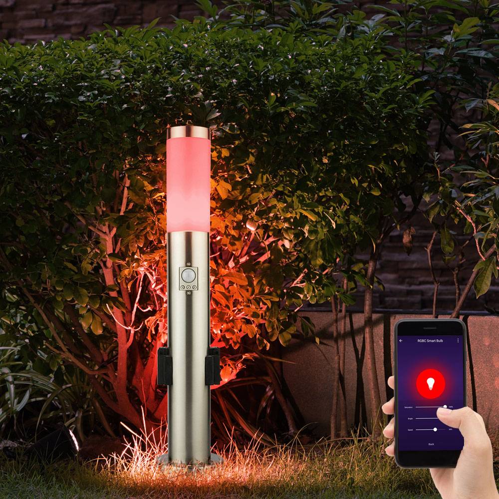 LED Sockelleuchte mit Steckdose Wegeleuchte Außen mit Bewegungsmelder Gartenstehlampe LED Pollerleuchte Edelstahl, 1x 10w 806 2700-6400K, DxH 7,6x