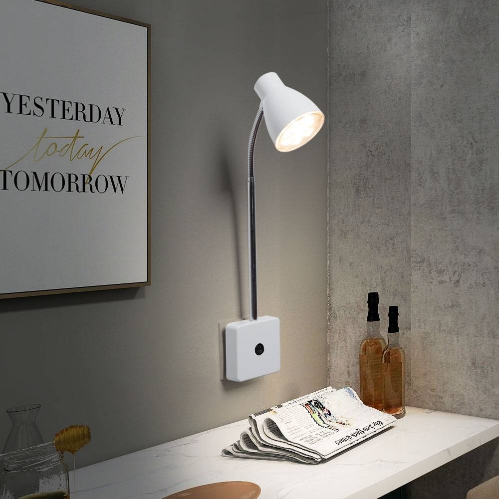 Wandleselampe LED Steckerleuchte Bett Lampen Schlafzimmer, Flexo, Wandleuchte, Metall silber weiß, 1x LED 3W 200Lm 3000K, DxH 15,5x37 cm
