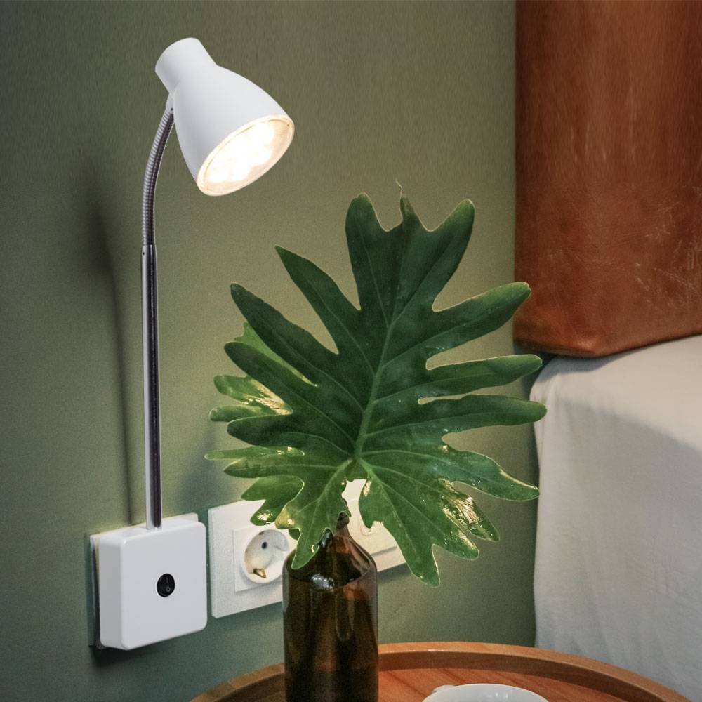 Wandleselampe LED Steckerleuchte Bett Lampen Schlafzimmer, Flexo, Wandleuchte, Metall silber weiß, 1x LED 3W 200Lm 3000K, DxH 15,5x37 cm