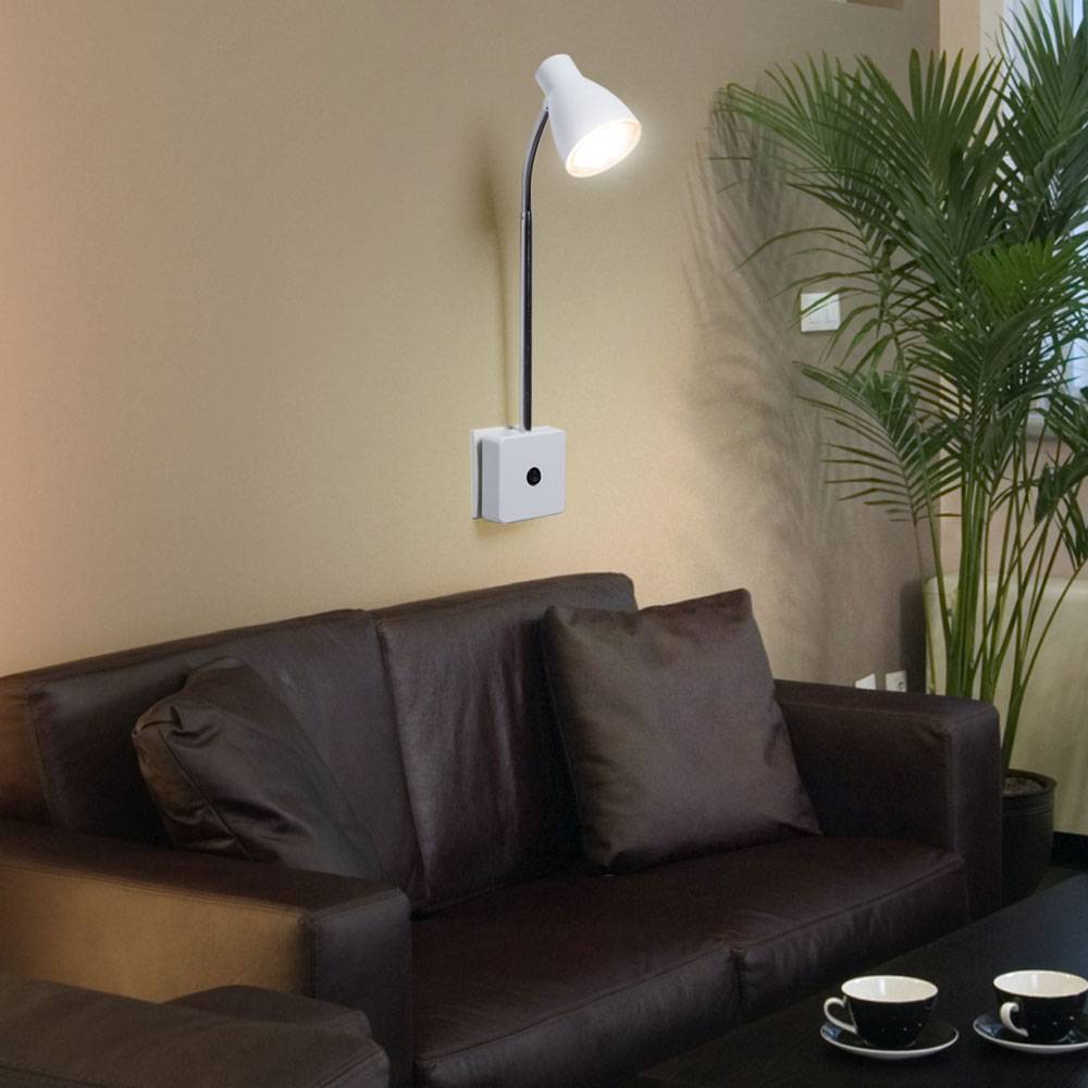 Wandleselampe LED Steckerleuchte Bett Lampen Schlafzimmer, Flexo, Wandleuchte, Metall silber weiß, 1x LED 3W 200Lm 3000K, DxH 15,5x37 cm