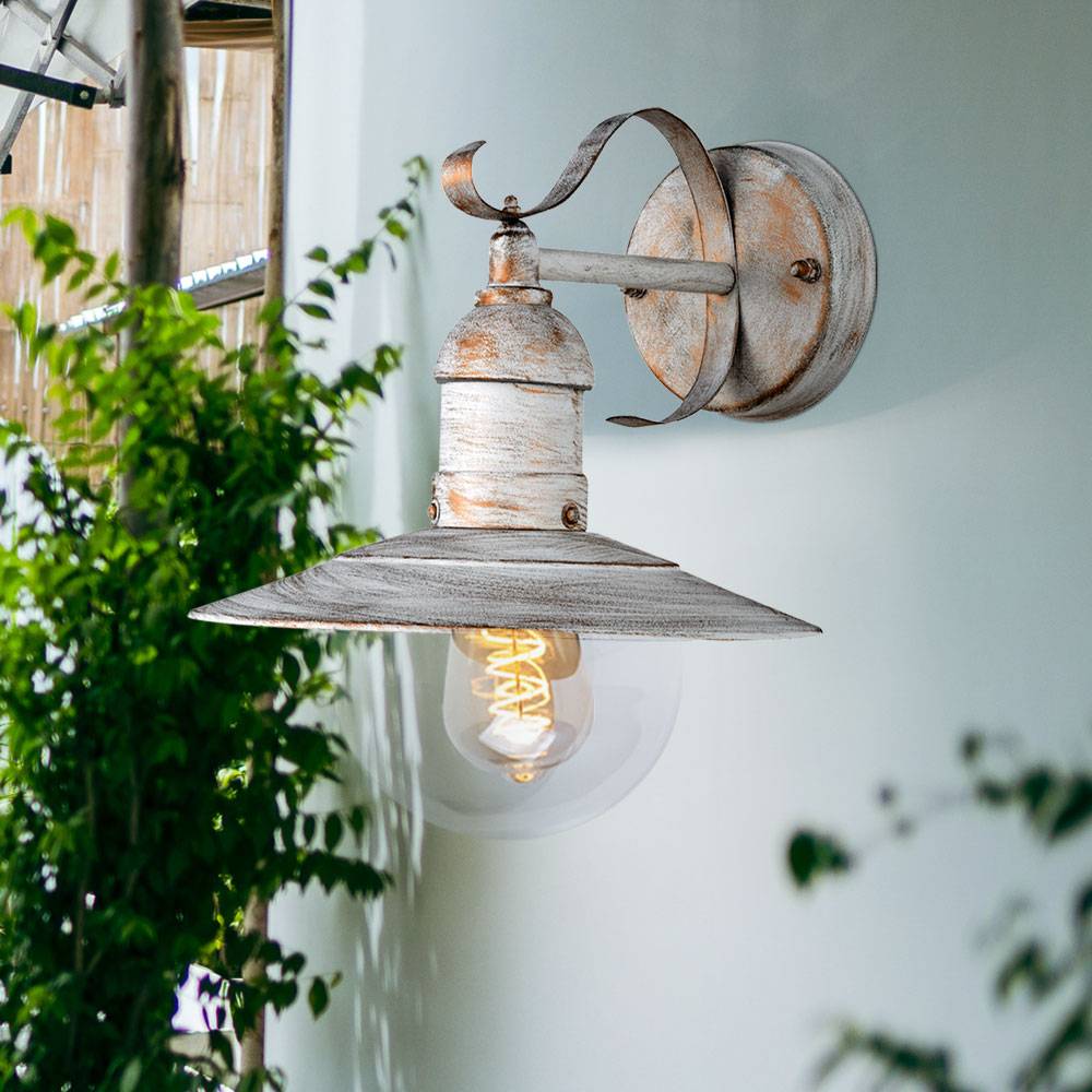Wandleuchte Wandlampe Außenleuchte Hauswandleuchte Balkon, IP44, Stahl weiß goldfarben, Landhausstil, 1x E27 Fassung, HxBxT 25,6x24x27,2 cm