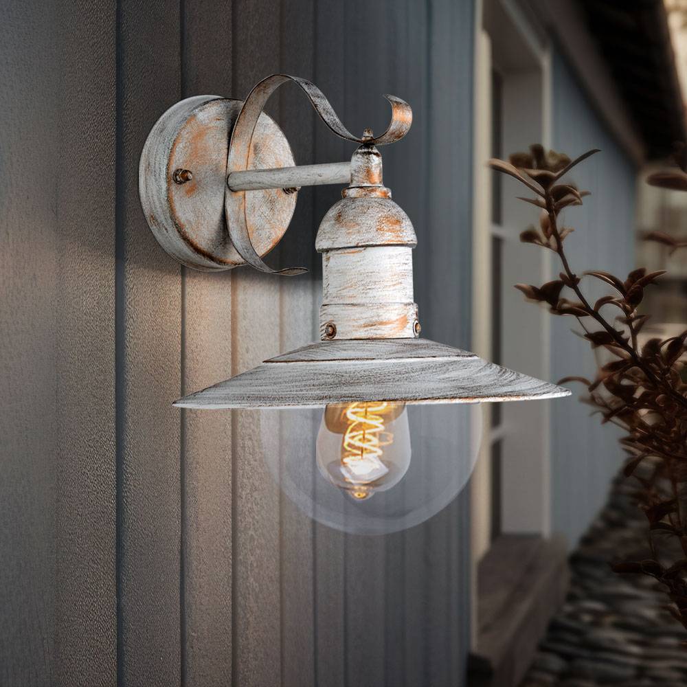 Wandleuchte Wandlampe Außenleuchte Hauswandleuchte Balkon, IP44, Stahl weiß goldfarben, Landhausstil, 1x E27 Fassung, HxBxT 25,6x24x27,2 cm
