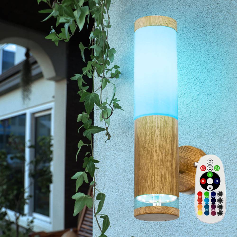 Wandleuchte Aussen Edelstahl LED Außenlampe Balkon Aussenleuchte Wand, Fernbedienung dimmbar Holz Optik mit Deko LED, 1x RGB LED 9W warmweiß, BxH