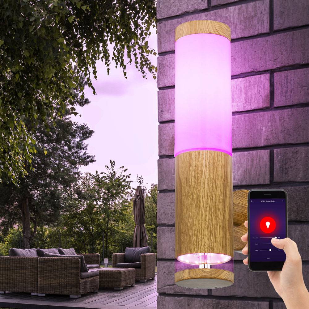 Wandleuchte Aussen Edelstahl LED Außenlampe Balkon Aussenleuchte Wand, App Steuerung dimmbar Holz Optik mit Deko LED, 1x Smart RGB LED 10W, BxH 8,5