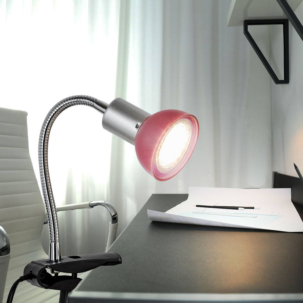 Klemmlampe silber Klemmleuchte Klemmlampe LED mit Stecker, Tischleuchte Leselampe, Spot beweglich, Metall titanfarben Glas rot, 1x LED 3W 250Lm