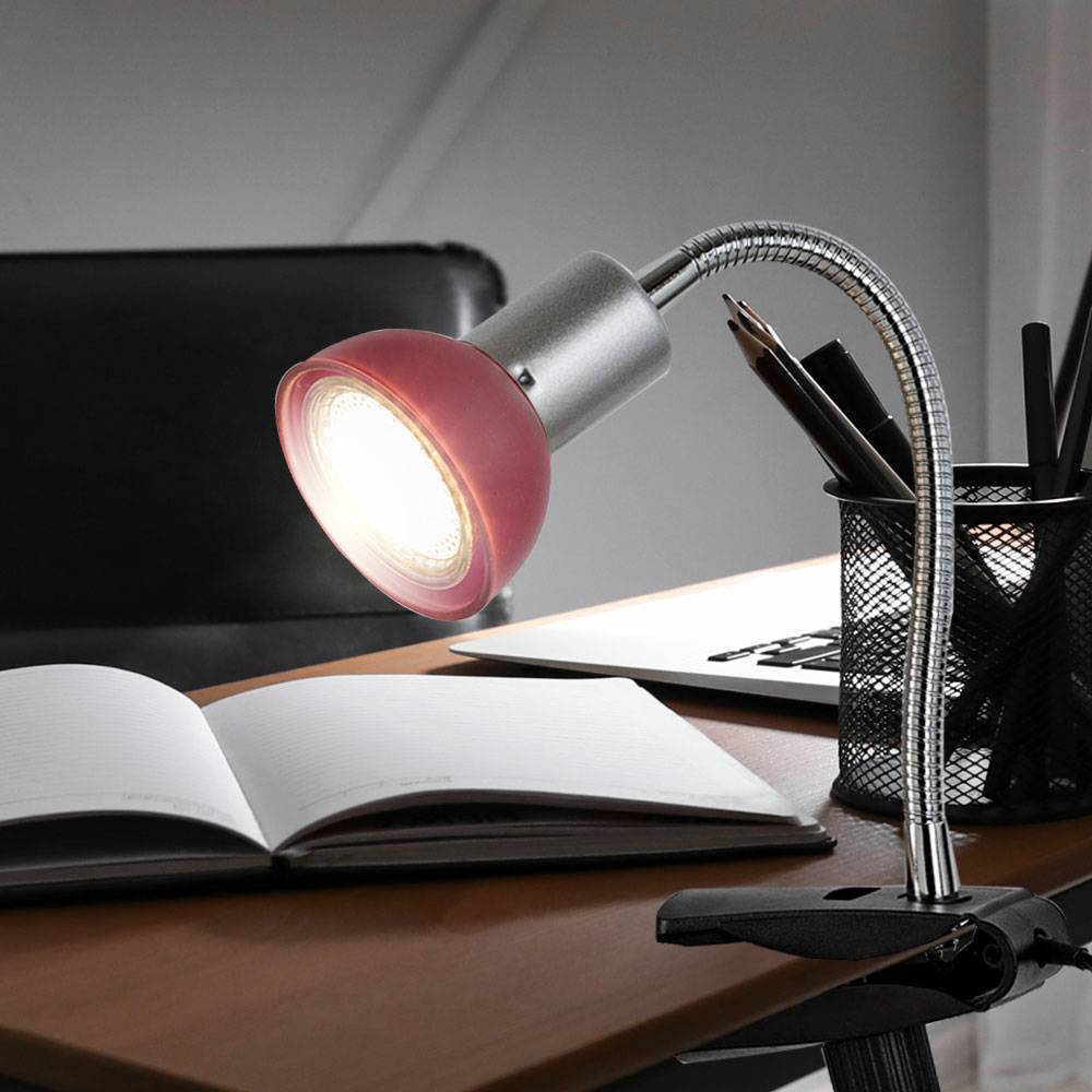 Klemmlampe silber Klemmleuchte Klemmlampe LED mit Stecker, Tischleuchte Leselampe, Spot beweglich, Metall titanfarben Glas rot, 1x LED 3W 250Lm
